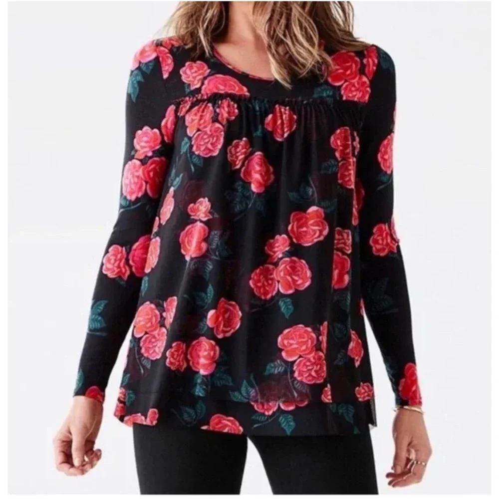 Matilda Jane Womens Top Size S Tunic Black Floral Long Sleeve‎ Scoop Neck Knit